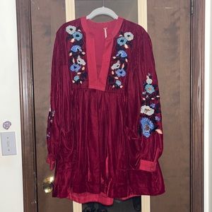 Free people red velvet embroidered babydoll dress size small